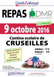 Affiche du repas annuel de l'ADMR le dimanche 9 octobre 2016 à partit de 12h au restaurant scolaire de Cruseilles