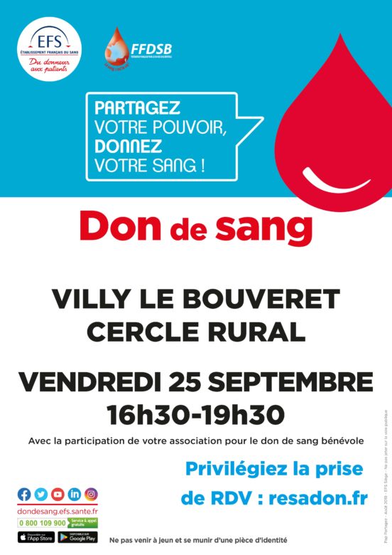 Don du sang à Villy-le-Bouveret le 25 septembre 2020