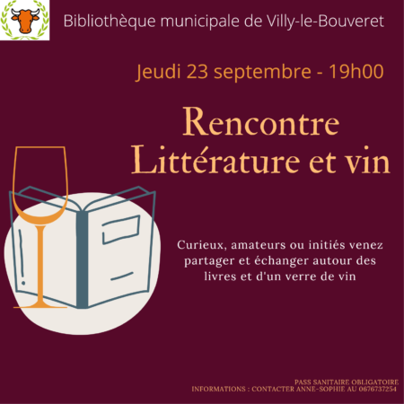 Soirée "Littérature et vin" organisée par la bibliothèque "Le Bateau Livre" à Villy-le-Bouveret le 23 septembre 2021 à 19h.