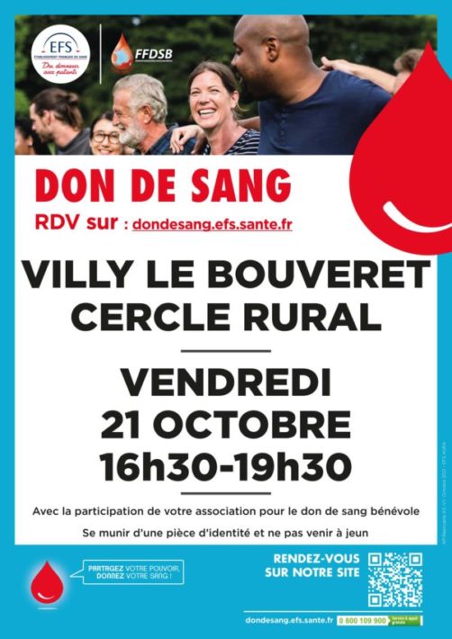 Don du sang à Villy-le-Bouveret le 21 octobre 2022 de 16h30 à 19h30