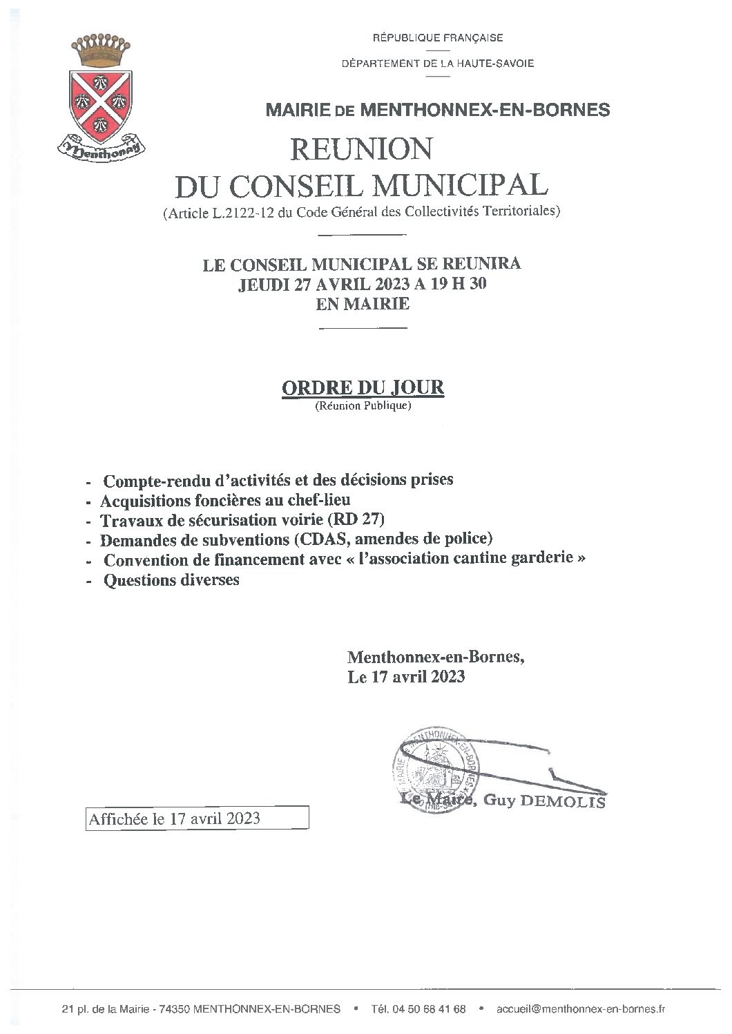 Ordre du jour du conseil municipal du 27 avril 2023