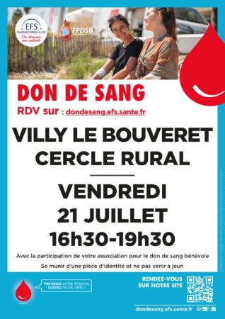 Don du sang à Villy-le-Bouveret le 21 juillet 2023 de 16h30 à 19h30