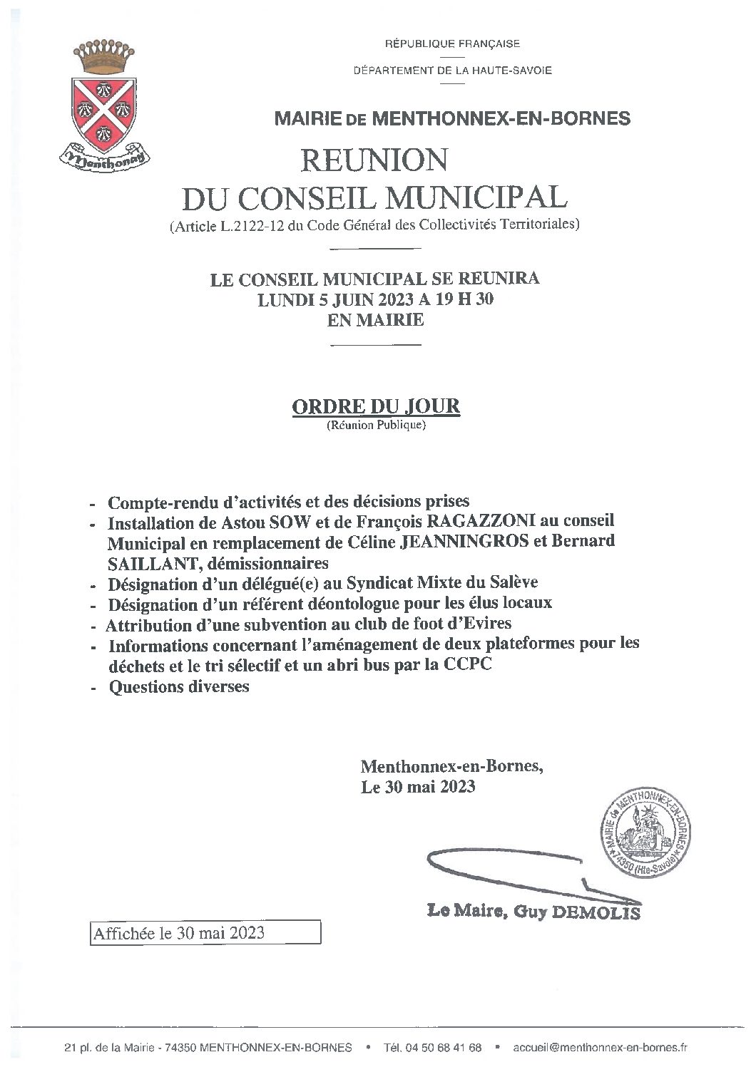 Ordre du jour du conseil municipal du 4 septembre 2023