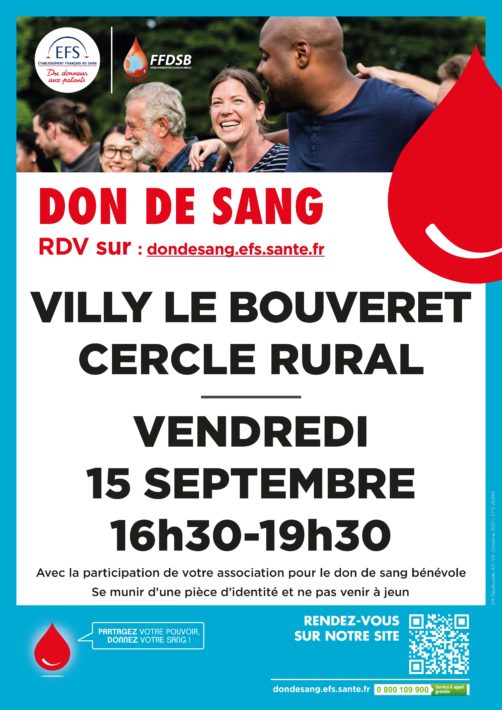 Don du sang à Villy-le-Bouveret le 15 septembre 2023 de 16h30 à 19h30