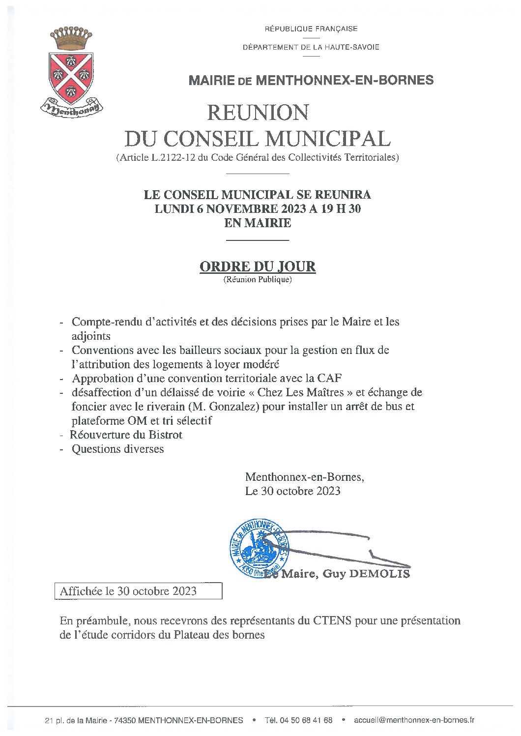 Ordre du jour du conseil municipal du 6 novembre 2023
