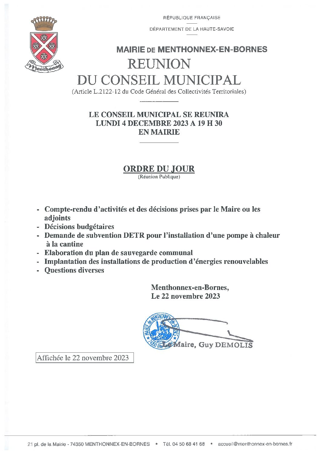 Ordre du jour du conseil municipal du 4 décembre 2023 à télécharger (format PDF, 44 Ko).