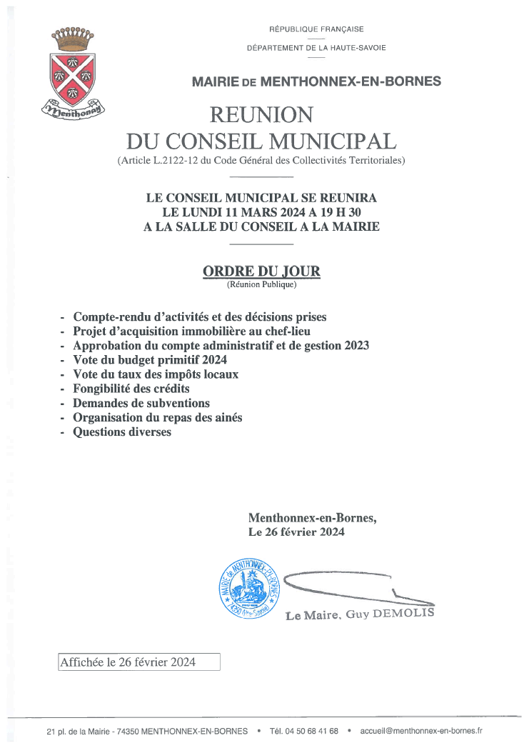 Ordre du jour du conseil municipal du 11 mars 2024.