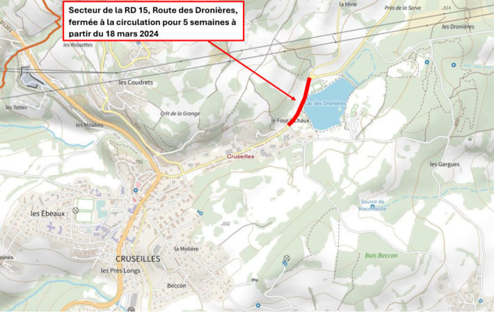 Plan de fermeture de la RD15 à Cruseilles du 18 mars au 19 avril 2024.