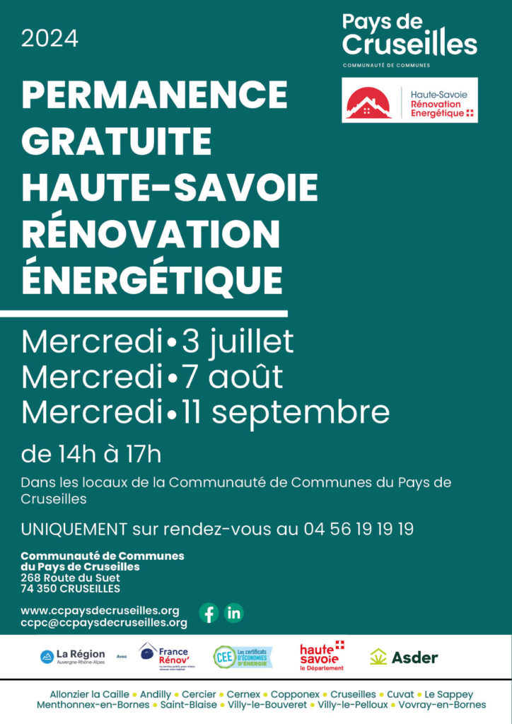 Permanences de Haute-Savoie Rénovation Energétique à la Communauté de Communes du Pays de Cruseilles les mercredis 3 juillet, 7 août et 11 septembre 2024 sur RDV.