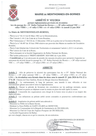 Arrêté 032/2024 portant règlementation provisoire de circulation lors du passage du 33e Rallye National des Bornes