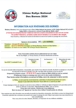 Infos concernant le 33e Rallye des Bornes 2024 : fermeture des routes, cartes, infos aux riverains