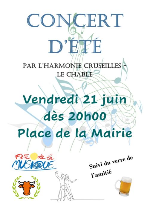 Concert d’été par l’Harmonie Cruseilles – Le Châble le vendredi 21 juin 2024 sur la place de la Mairie à Villy le Bouveret.