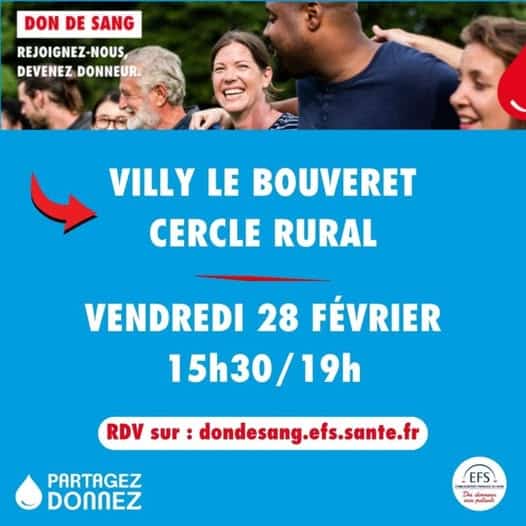 Don du sang à Villy-le-Bouveret le vendredi 28 février 2025 de 15h30 à 19h00