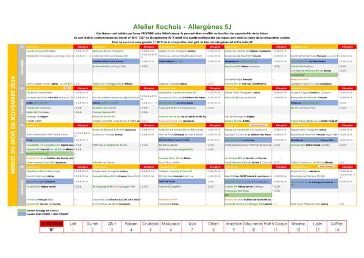 Menus de la cantine AVEC ALLERGENES du 4 au 29 novembre 2024