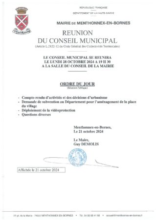 Ordre du jour du conseil municipal du 28 octobre 2024