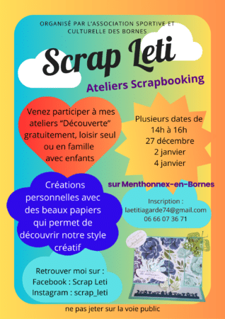 Affiche des ateliers découverte du scrapbooking de décembre 2024 et janvier 2025