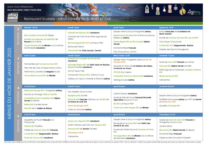 Menus de la cantine du 6 au 31 janvier 2025