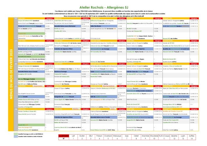 Menus de la cantine du 6 au 31 janvier 2025 AVEC ALLERGÈNES