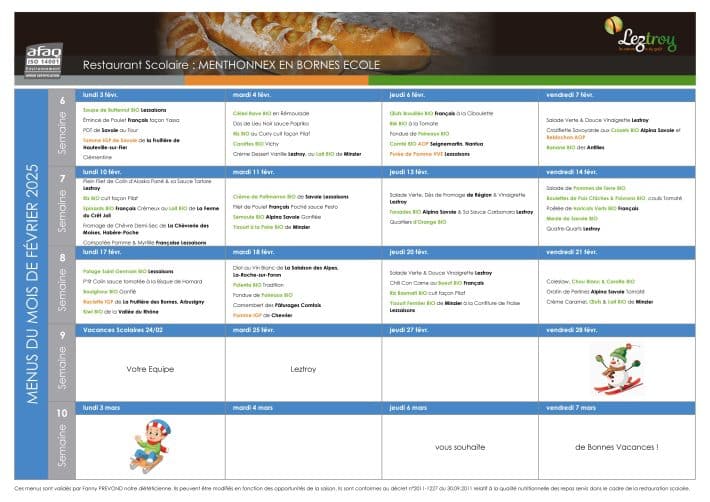 Menus de la cantine du 3 au 21 février 2025