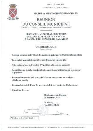 Ordre du jour du conseil municipal du 10 février 2025